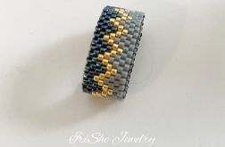 Pierścionek szeroki Zygzak z koralików Miyuki, szary złoty, handmade
