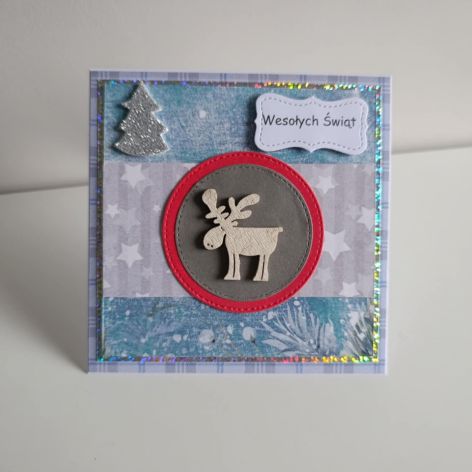 Kartka świąteczna renifer szaro-niebieska