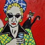 obraz olejny portret kobiety ona i dwa koty - 