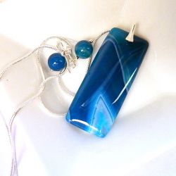 Niebieski agat i srebro, klasyczny zestaw biżuterii, wisiorek i kolczyki