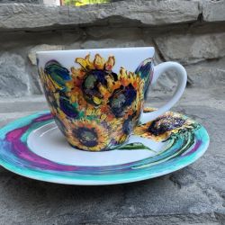 Porcelanowa filiżanka ze spodkiem ręcznie malowana Słoneczniki 
