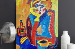 Duży obraz olej babcia i kawa