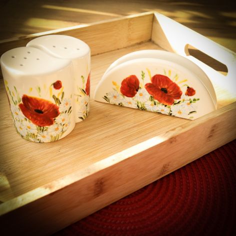 Ręcznie malowany zestaw: solniczka, pieprzyniczka i serwetnik