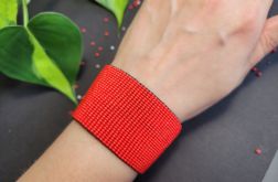 Szeroka czerwona bransoletka z koralików Preciosa RĘKODZIEŁO HANDMADE