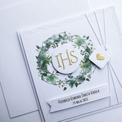 Skromna kartka komunijna z wiankiem handmade