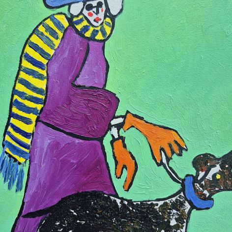 Obraz ręcznie malowany babcia z pieskiem art