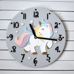 Zegar dla dziewczynki szary z kolorowym jednorożcem