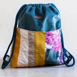 Plecak worek patchwork petrol – unikatowy plecak z weluru z kieszeniami