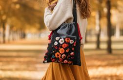 Szaro-czarna welurowa torba z kominem w kwiaty