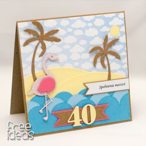 Kartka na 40-tkę. Flaming, plaża, palmy