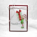 Kartka czerwona z elfem z prezentem BNR 020 - Kartka na boże narodzenie czerwona z elfem z prezentem (4)