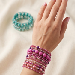 Zestaw 11 Bransoletek Koralikowych Boho - Róż i Fiolet