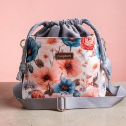 Szara listonoszka z kominem z weluru w kwiaty – handmade, unikat