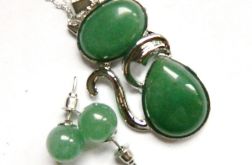 Awenturyn zielony, wisiorek z kotkiem i kolczyk, zestaw biżuterii