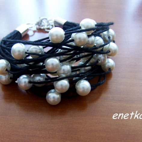enetka - BRANSOLETKA z lnu - PERŁY- LEN
