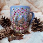 Ręcznie malowany unikatowy kubek wiewiórki i kwiaty 300 ml  - Ręcznie malowane