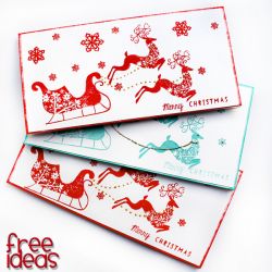 Komplet 3 kartek świątecznych (czerwone i turkus) z pędzącymi reniferami ciągnącymi sanie