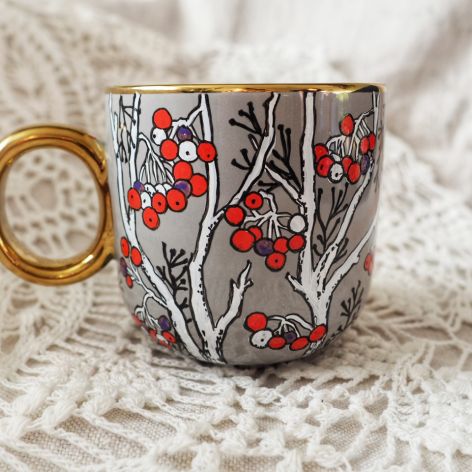Ręcznie malowany porcelanowy kubek JARZĘBINA