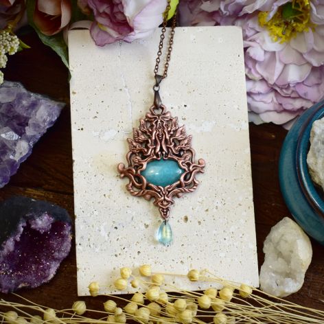 Miedziany wiktoriański wisiorek z amazonitem #356