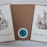 Zestaw 4 kartek wielkanocnych z życzeniami „Króliczki w koszyczkach” - Tył i przody kartek