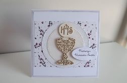 Kartka Pierwsza Komuia Święta biała z kielichem