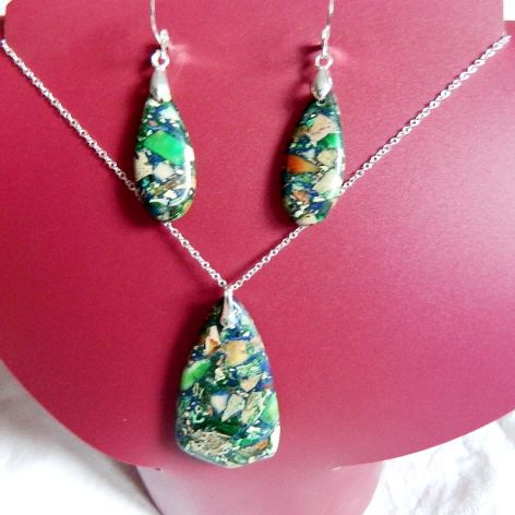 Granatowo-zielony cesarski jaspis i srebro, zestaw biżuterii