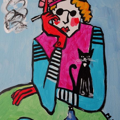 obraz babcia z kotkiem i papierosem