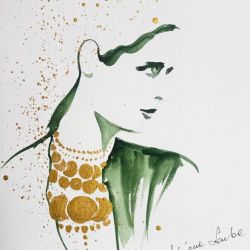 "Jej szept" akwarela z dodatkiem złotego tuszu - kobieta, spojrzenie, portret