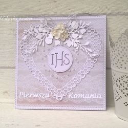 Kartka komunijna z sercem w szarościach