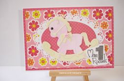 Kartka na roczek różowa z konikiem