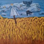 Obraz malowany akryl na płótnie pt. "Swawola" 50x70cm  - Obraz przedstawia (prze)dojrzałe już łany zbożowe, ze strachem na wróble. Wokół krążą kruki.