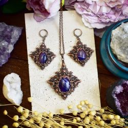Wiktoriański miedziany zestaw - kolczyki i wisiorek z fioletowym agatem #S6