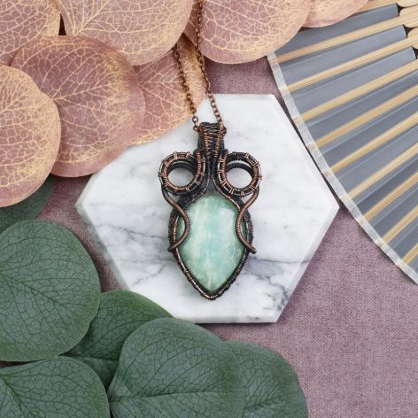 Miedziany wisiorek wire wrapping z amazonitem #530