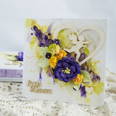 Kartka ślubna - fiolety, z pudełkiem