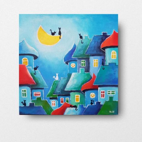 Bajkowe miasteczko kotów-obraz akryowy formatu 30/30 cm 