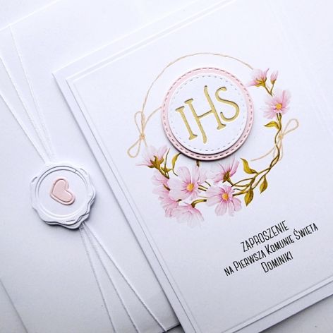 Zaproszenie komunijne z kwiatami handmade