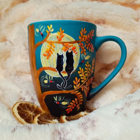 Romantyczna kocia noc ze świetlikami pełnia księżyca malowany ręcznie