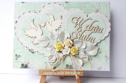 Kartka ślubna z serduszkami zielona