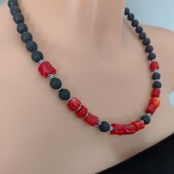 Naszyjnik Koral Czerwony Lawa Wulkaniczna Hematyt nasz25.9 