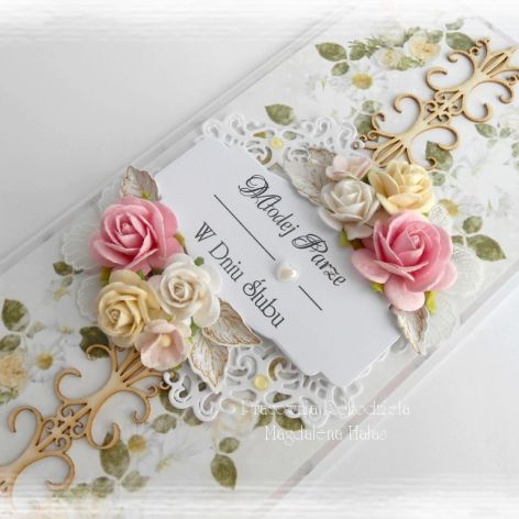 Kartka ślubna w pudełku DL kremowo różowa