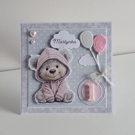 Kartka na roczek urodziny miś z balonikami