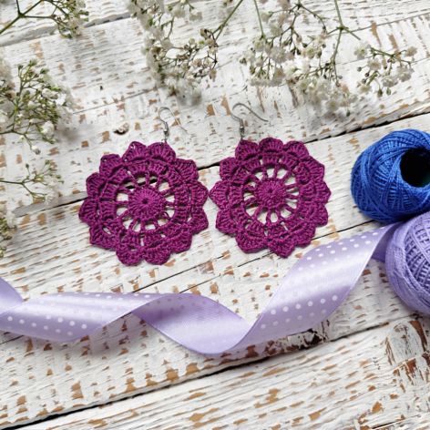 Kolczyki szydełkowe rozetki - fioletowe