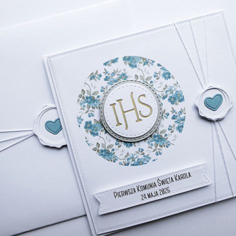 Kartka na Komunię z niezapominajkami handmade