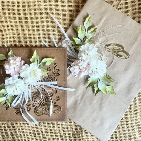 168,ślubny komplet w kolorze eco, kartka w pudełku z torebką