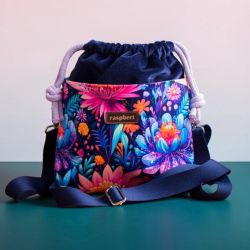 Granatowa listonoszka z kominem z weluru w kwiaty – handmade, unikat