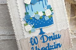 Kartka urodzinowa z niebieskim tortem