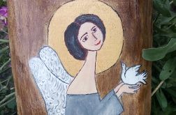 Anioł z gołąbkiem w popielatej sukience - akryl na desce