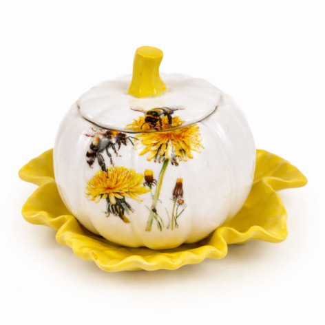 Świecznik dynia gipsowy z pszczołą i mniszkiem na podstawce – rękodzieło