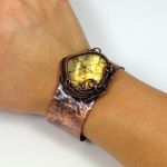 Szeroka miedziana bransoletka z labradorytem - bransoletka wire wrapped
