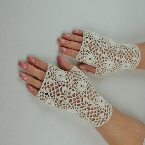 Rękawiczki mitenki handmade ecru 02